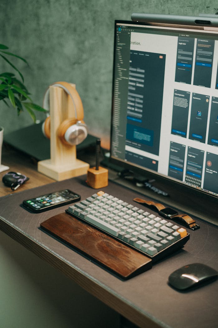 Stylish desktop setup featuring screen, keyboard, mouse, and headphones for a tech-savvy workspace.
