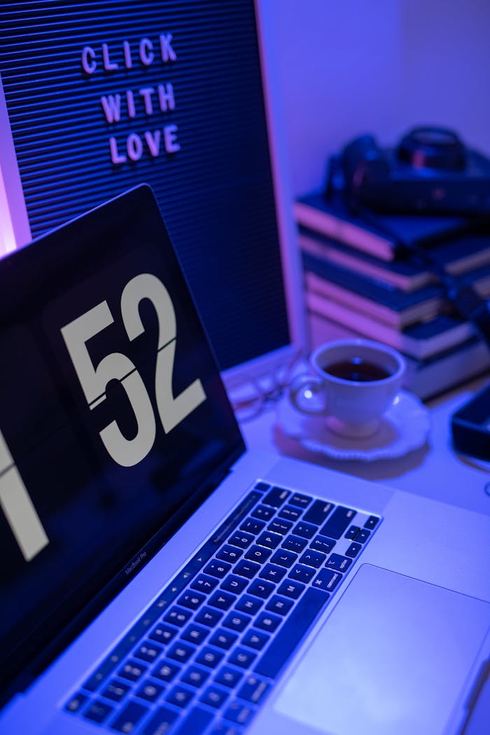 Services Stylish home office setup with laptop, letter board, and cup of tea.