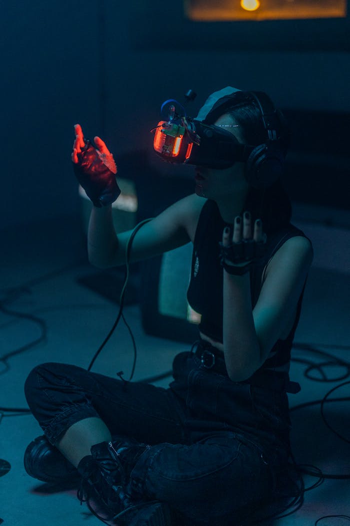 Services Young woman sitting indoors using a VR headset with glowing lights, engaging in virtual reality technology.